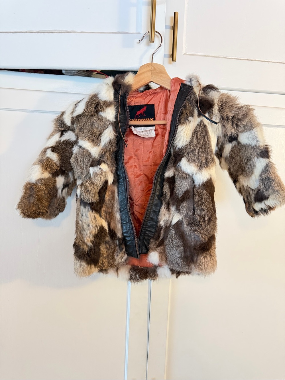 Kids Vintage Canadian Patchwork  Rabbit(?) Fur Coat in Brown & White - Hooded